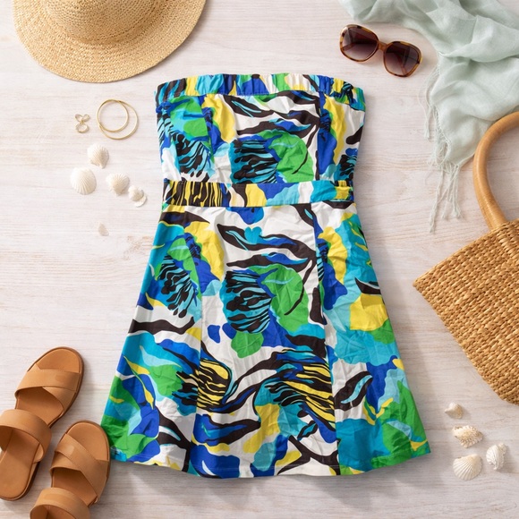 a.n.a Strapless Floral Cotton Sundress Size 16 Blue Green Yellow Fit & Flare - Picture 2 of 10